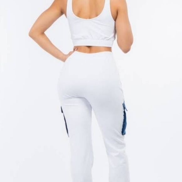 Callie Cargo: Mixed Media Denim & Cotton White Jogger Pants - Picture 13 of 13